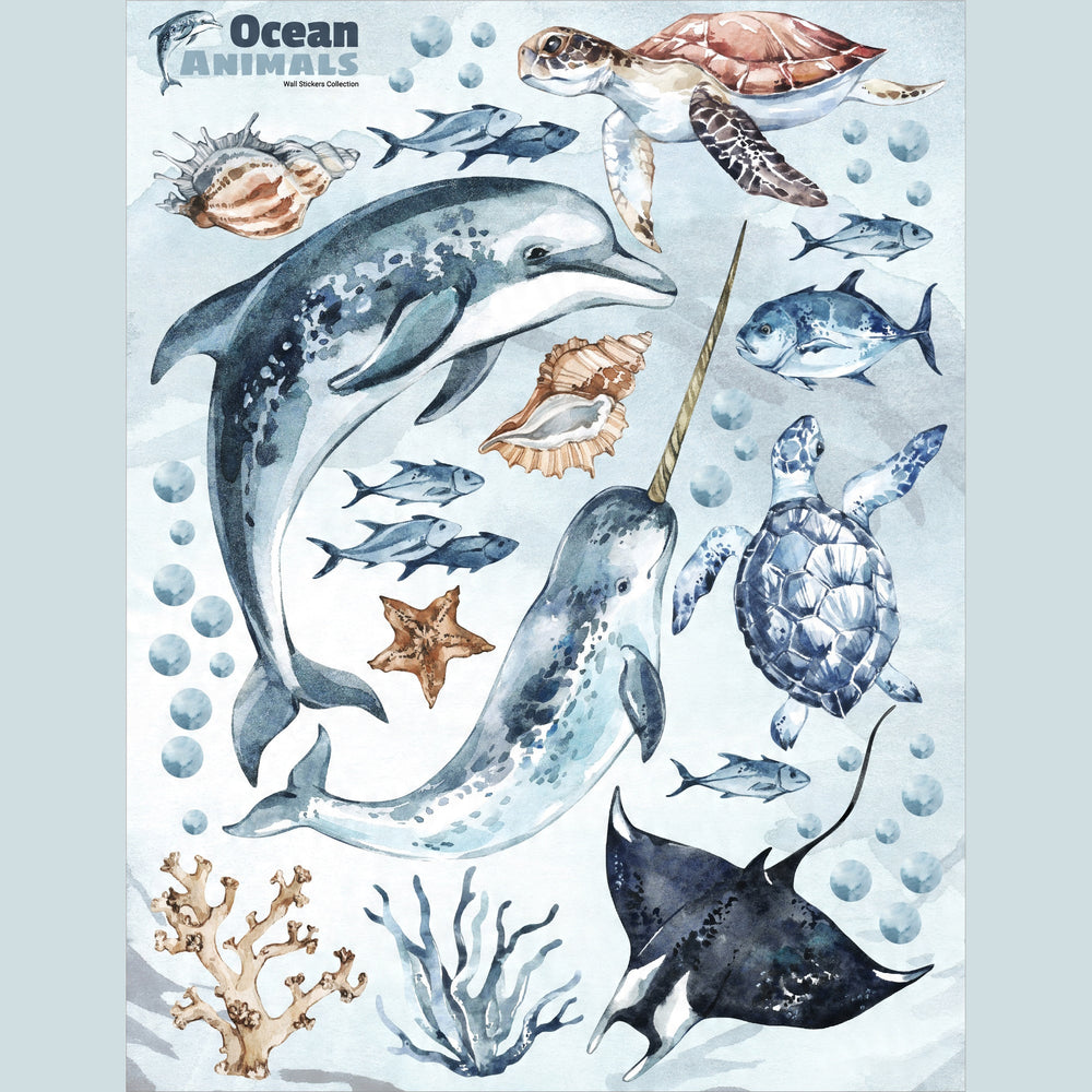 Narwhal & Dolphin Wall Decals full set laid out