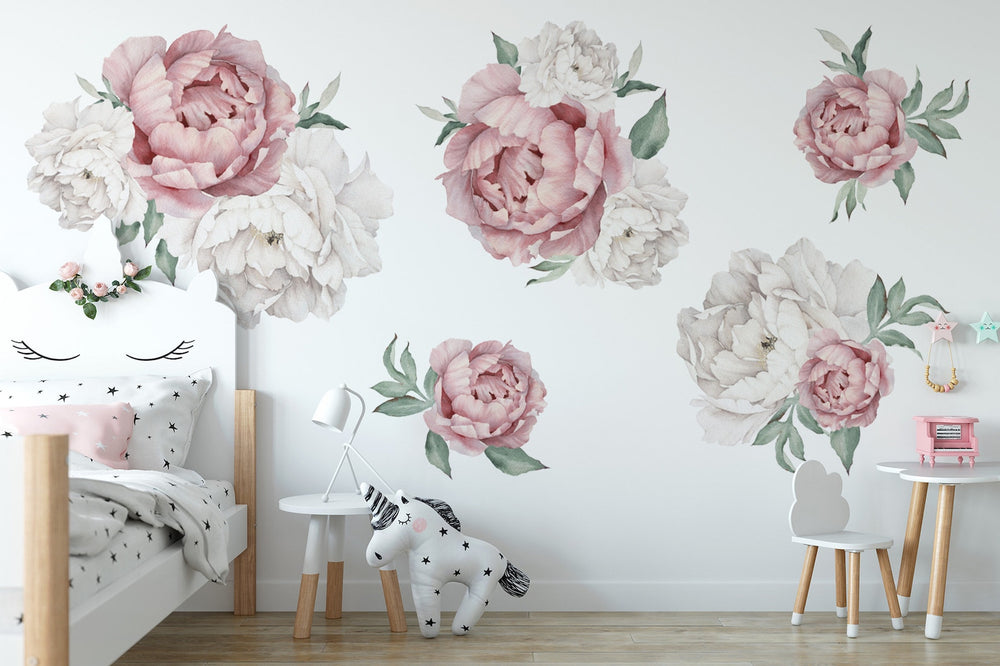 Peony Floral Decals | Self-Adhesive Wall Stickers for Nursery or Home Decor