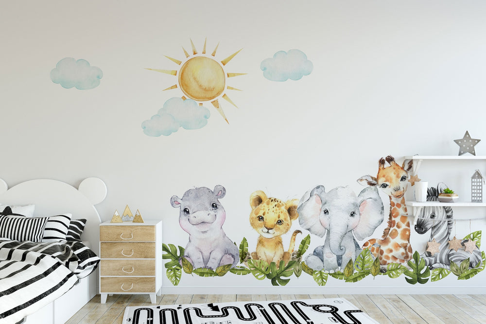 Baby Safari Animals Watercolor Wall Decal | Nursery Mural | Lion Elephant Sticker