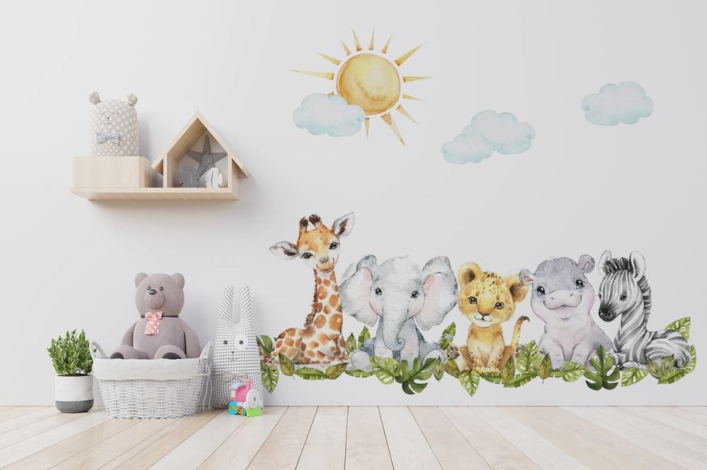 Baby Safari Animals Watercolor Wall Decal | Nursery Mural | Lion Elephant Sticker