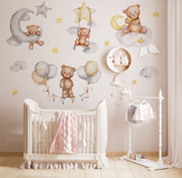 Sleeping Bears Wall Decal | Bears in the Air Nursery Wall Sticker | Clouds and Stars Wall Decor - Clickwalls