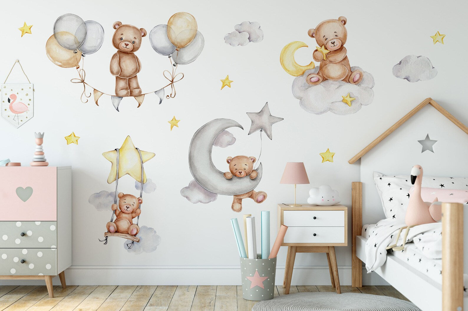 Sleeping Bears Wall Decal | Bears in the Air Nursery Wall Sticker | Clouds and Stars Wall Decor - Clickwalls