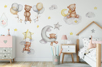 Sleeping Bears Wall Decal | Bears in the Air Nursery Wall Sticker | Clouds and Stars Wall Decor - Clickwalls