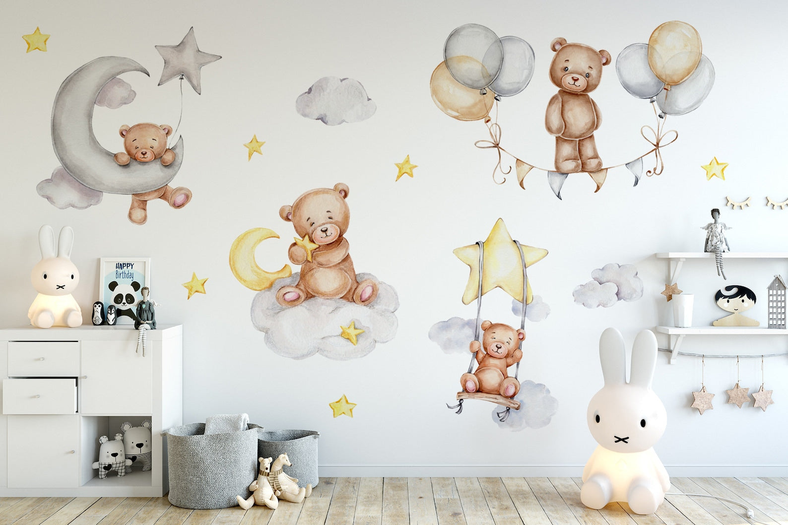 Sleeping Bears Wall Decal | Bears in the Air Nursery Wall Sticker | Clouds and Stars Wall Decor - Clickwalls