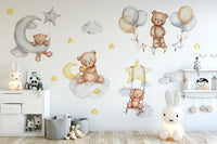 Sleeping Bears Wall Decal | Bears in the Air Nursery Wall Sticker | Clouds and Stars Wall Decor - Clickwalls