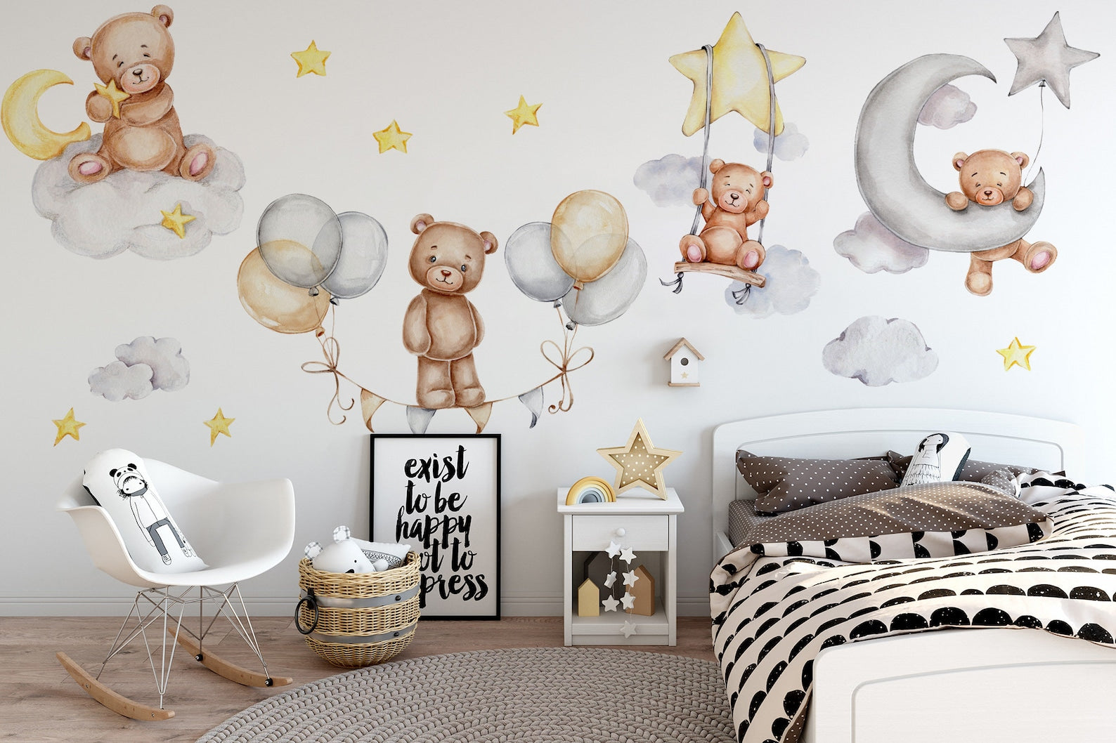 Sleeping Bears Wall Decal | Bears in the Air Nursery Wall Sticker | Clouds and Stars Wall Decor - Clickwalls
