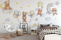 Sleeping Bears Wall Decal | Bears in the Air Nursery Wall Sticker | Clouds and Stars Wall Decor - Clickwalls