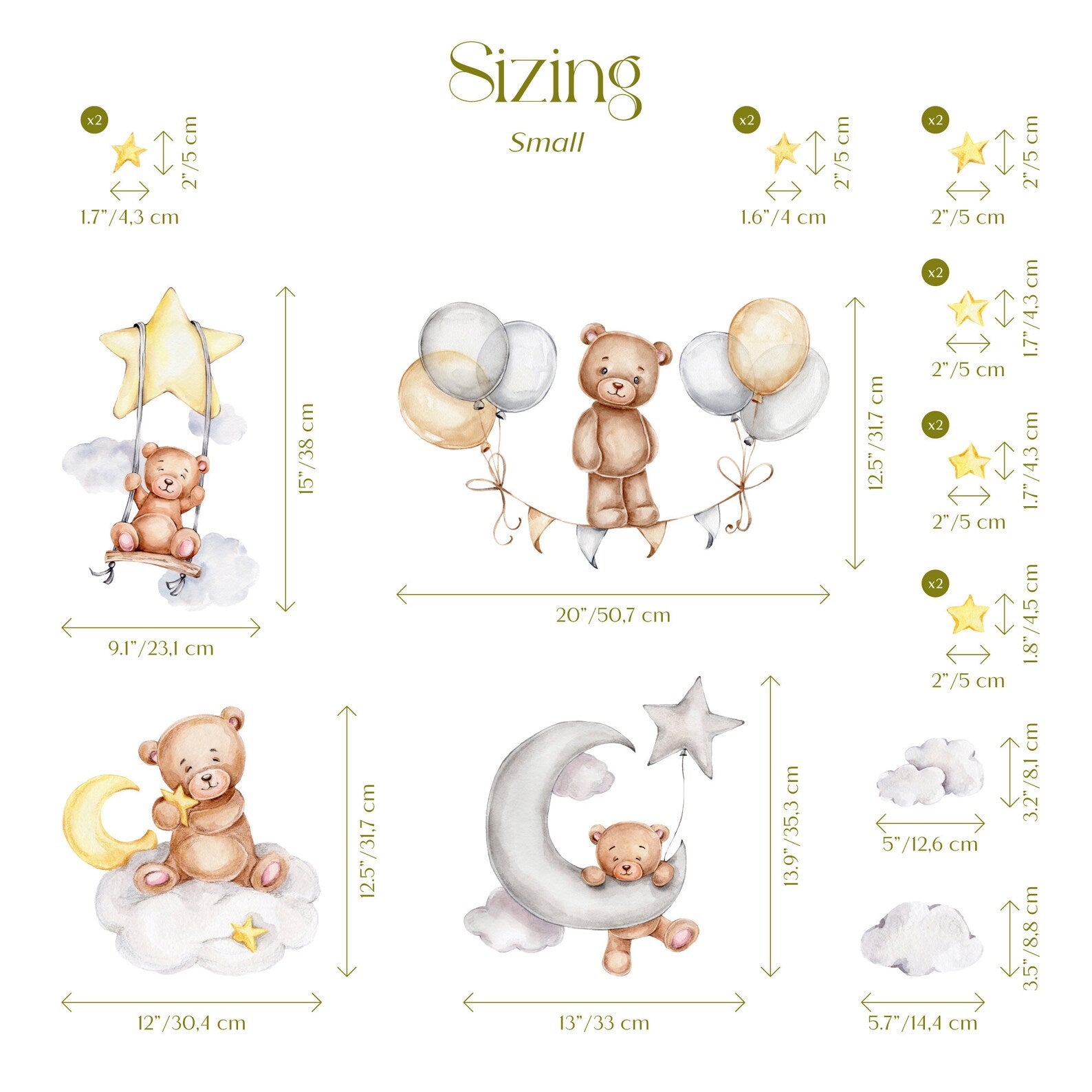 Sleeping Bears Wall Decal | Bears in the Air Nursery Wall Sticker | Clouds and Stars Wall Decor - Clickwalls