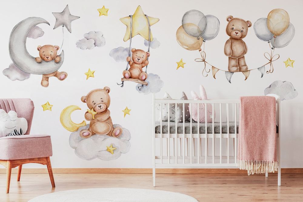 Sleeping Bears Wall Decal | Bears in the Air Nursery Wall Sticker | Clouds and Stars Wall Decor