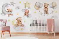 Sleeping Bears Wall Decal | Bears in the Air Nursery Wall Sticker | Clouds and Stars Wall Decor - Clickwalls