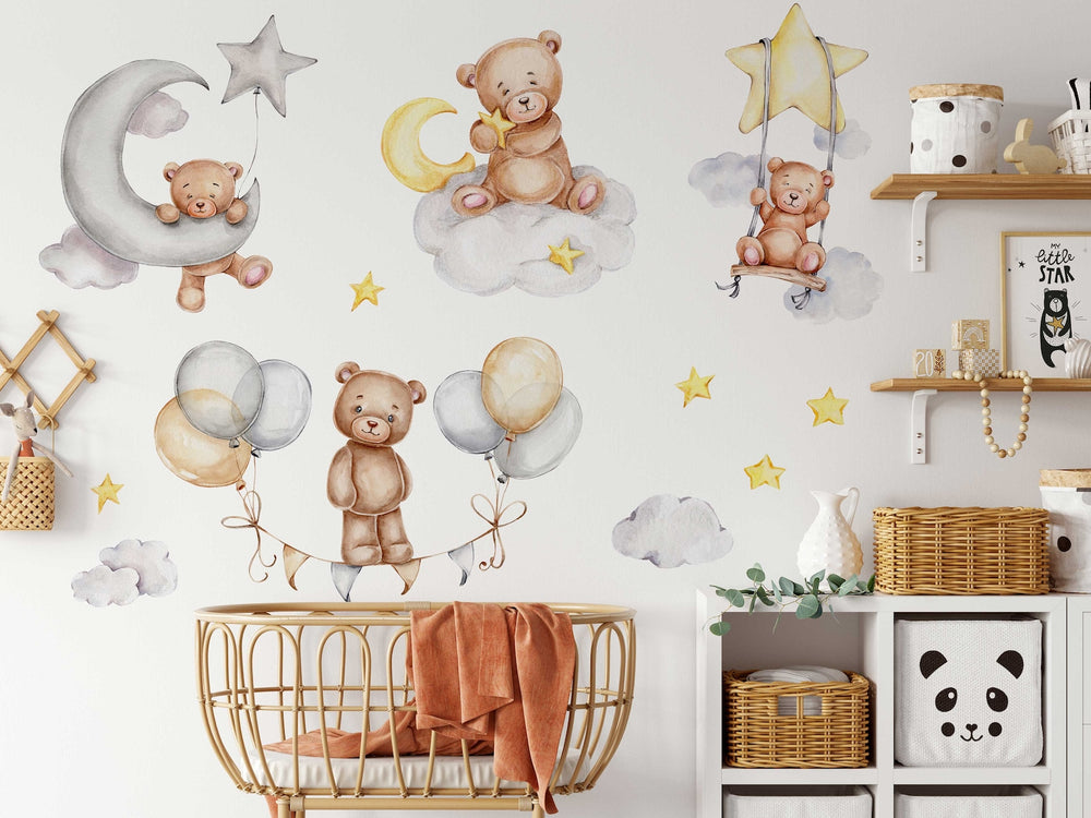 Sleeping Bears Wall Decal | Bears in the Air Nursery Wall Sticker | Clouds and Stars Wall Decor