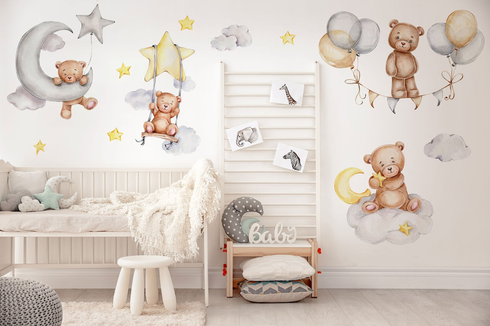 Sleeping Bears Wall Decal | Bears in the Air Nursery Wall Sticker | Clouds and Stars Wall Decor - Clickwalls