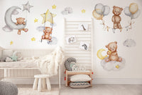 Sleeping Bears Wall Decal | Bears in the Air Nursery Wall Sticker | Clouds and Stars Wall Decor - Clickwalls