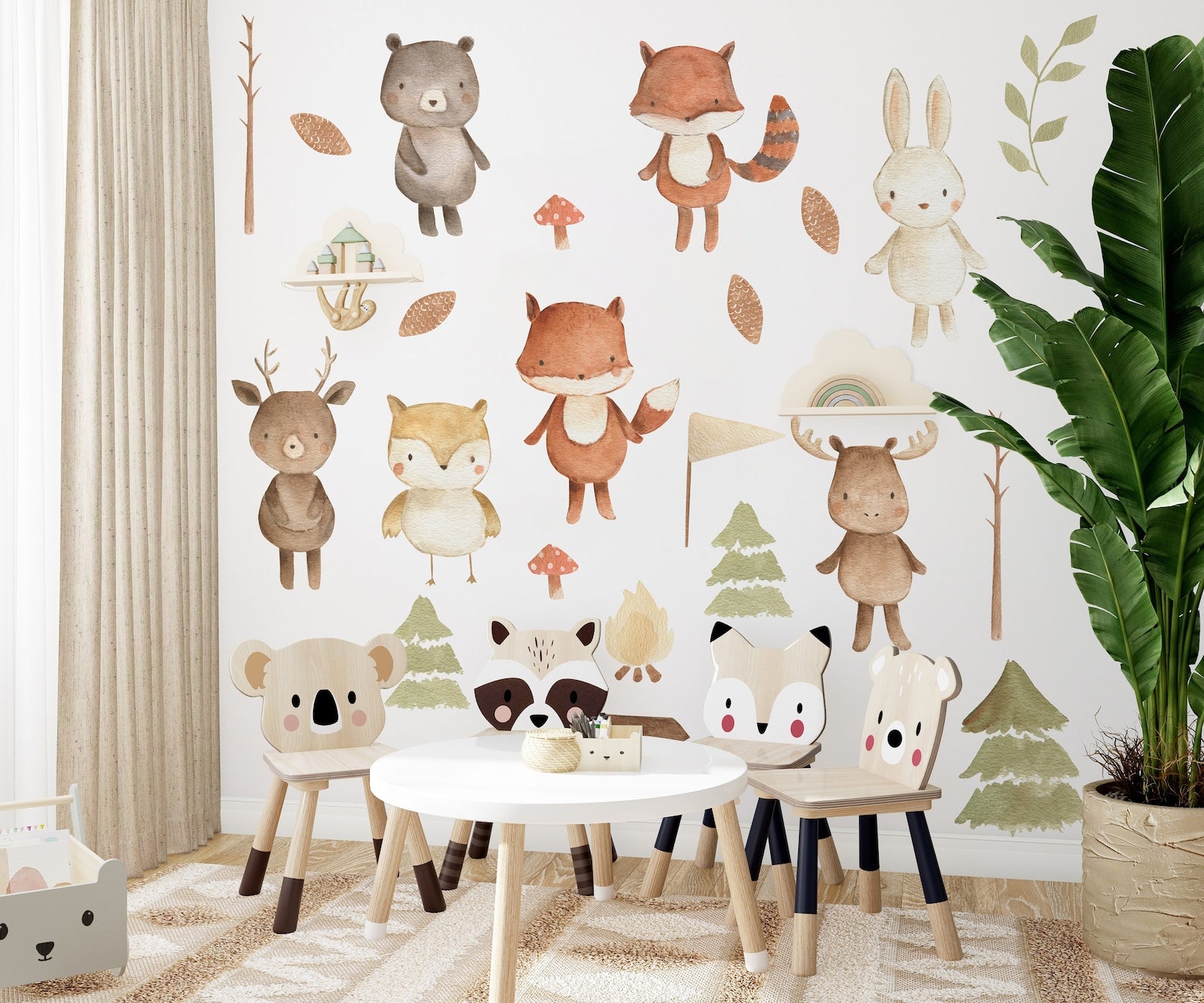 Forest Animals Nursery Wall Decal | Woodland Nursery Decal | Watercolor Bear, Deer, Owl, Fox, Rabbit Stickers | Peel and Stick Wall Decal