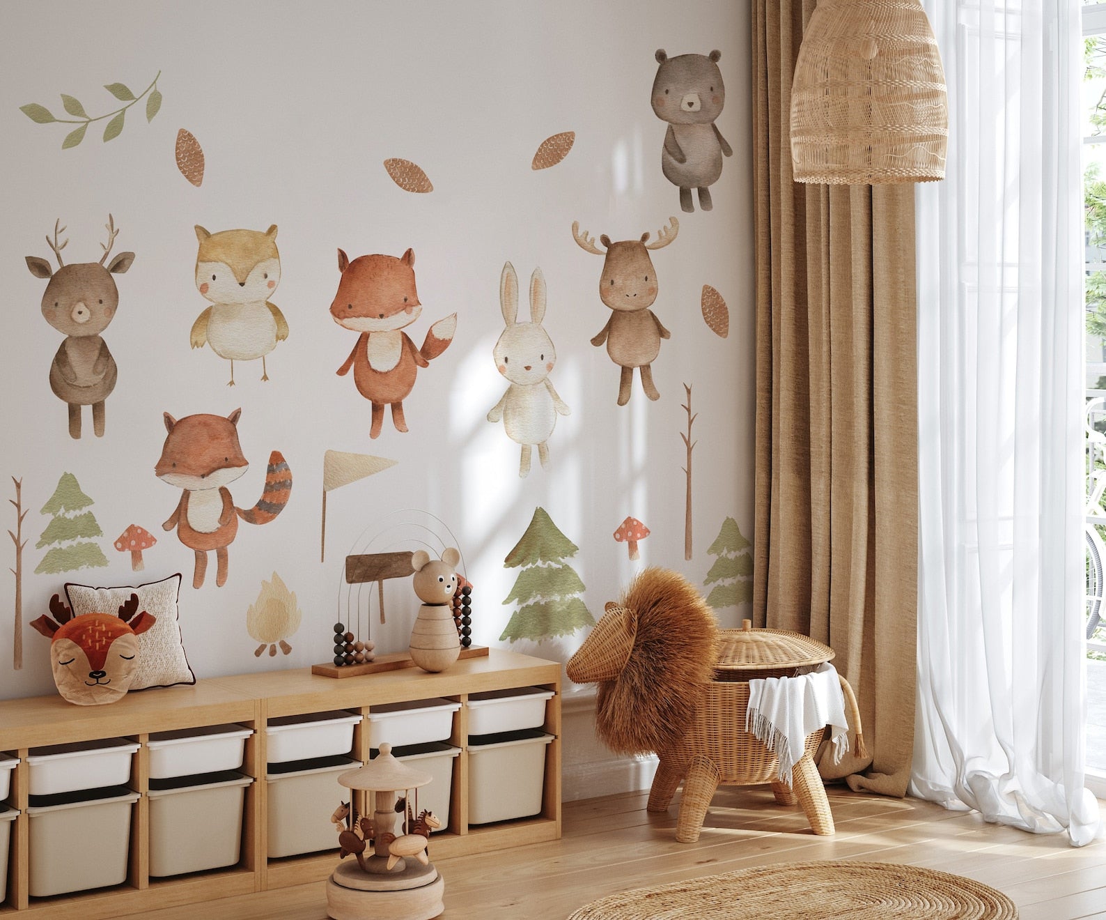 Forest Animals Nursery Wall Decal | Woodland Nursery Decal | Watercolor Bear, Deer, Owl, Fox, Rabbit Stickers | Peel and Stick Wall Decal