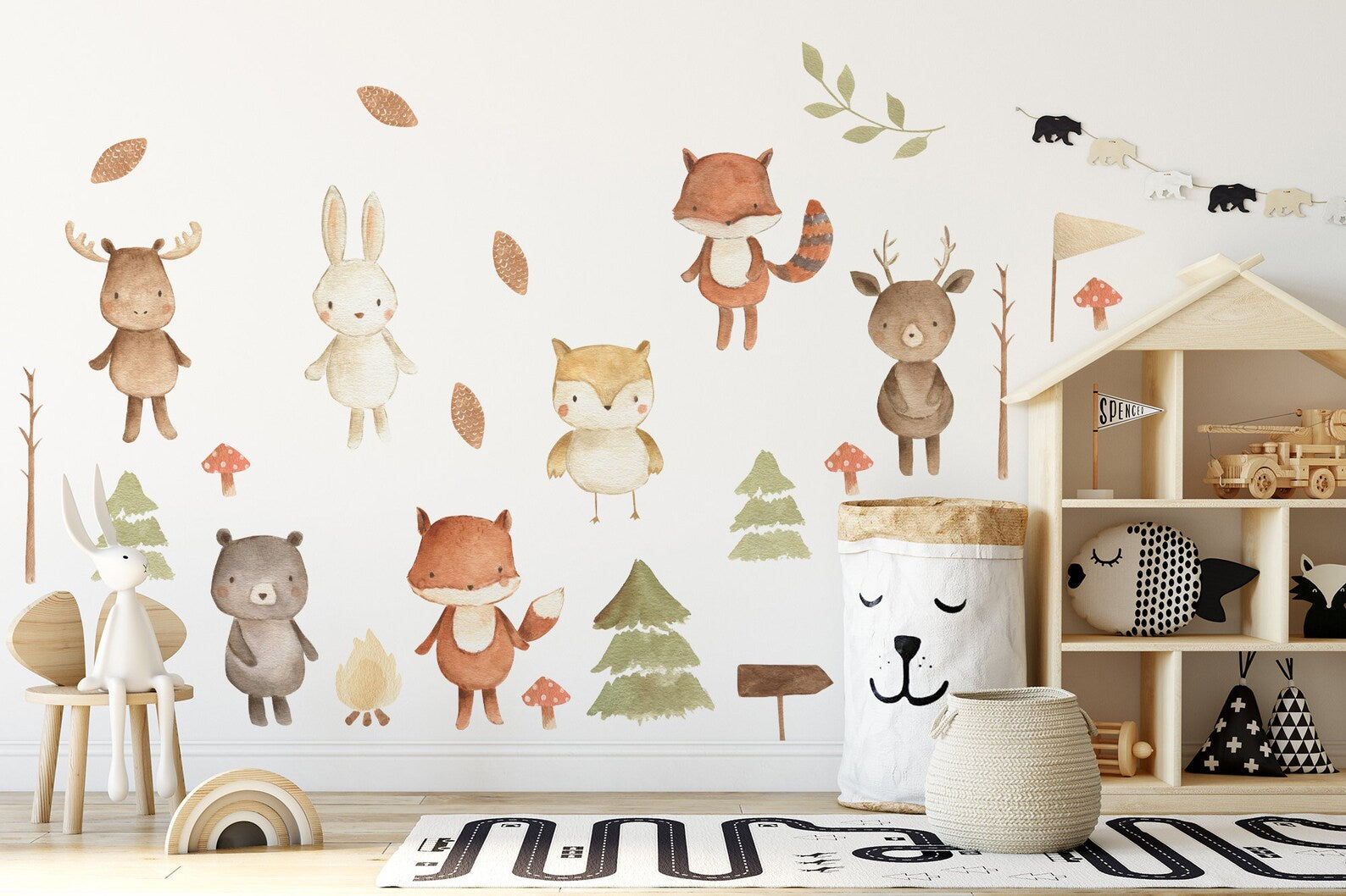 Forest Animals Nursery Wall Decal | Woodland Nursery Decal | Watercolor Bear, Deer, Owl, Fox, Rabbit Stickers | Peel and Stick Wall Decal