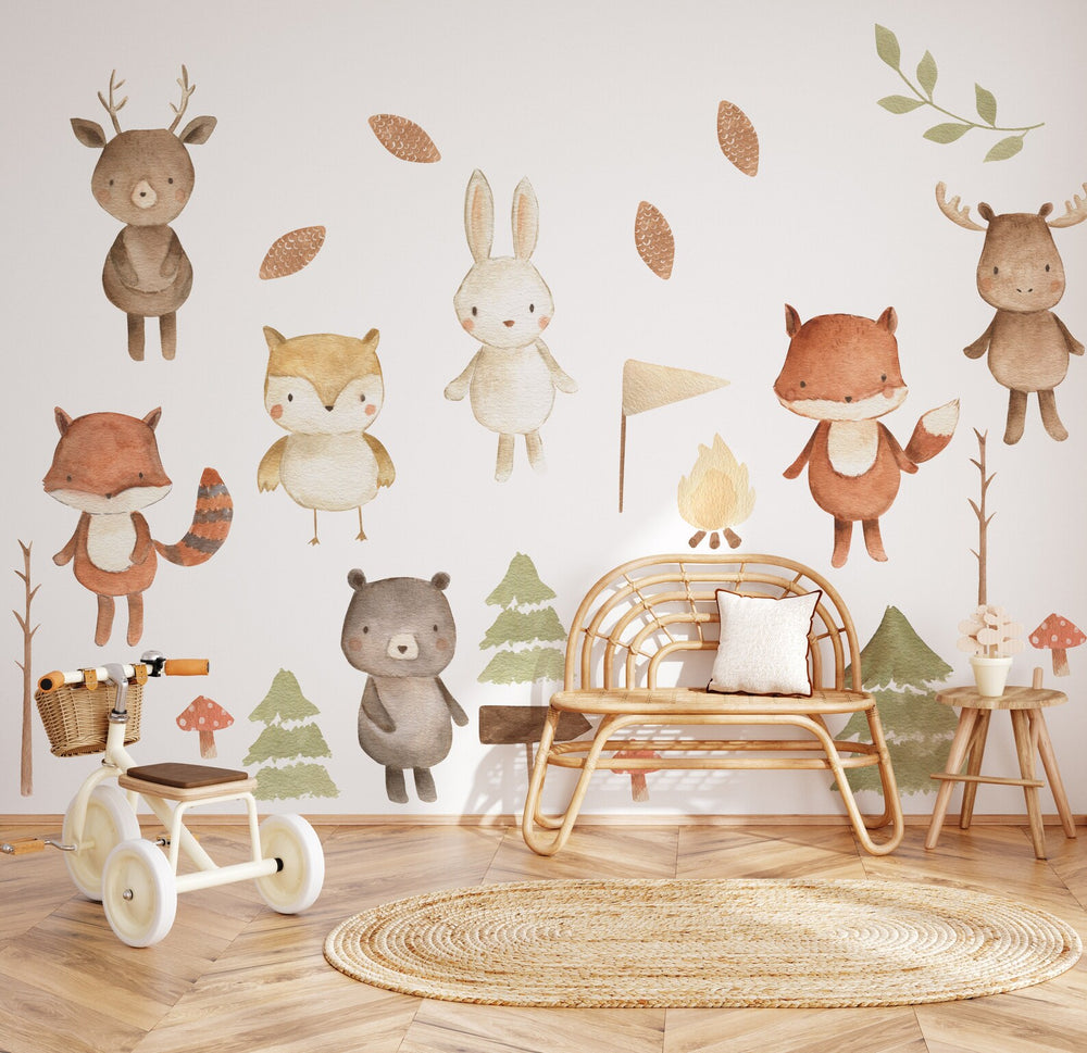 Forest Animals Nursery Wall Decal | Woodland Nursery Decal | Watercolor Bear, Deer, Owl, Fox, Rabbit Stickers | Peel and Stick Wall Decal