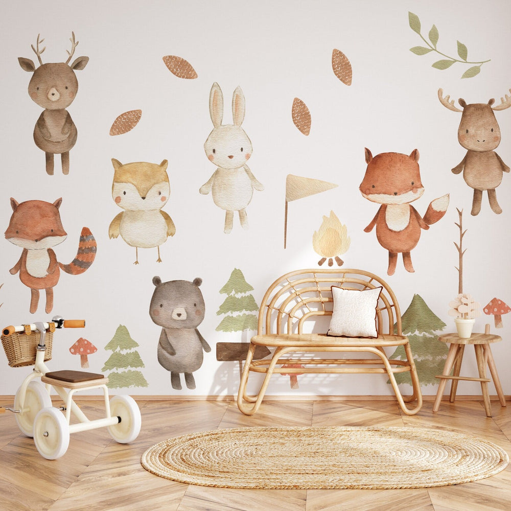 Forest Animals Nursery Wall Decal | Watercolour Bear, Deer, Owl, Fox, Rabbit Stickers