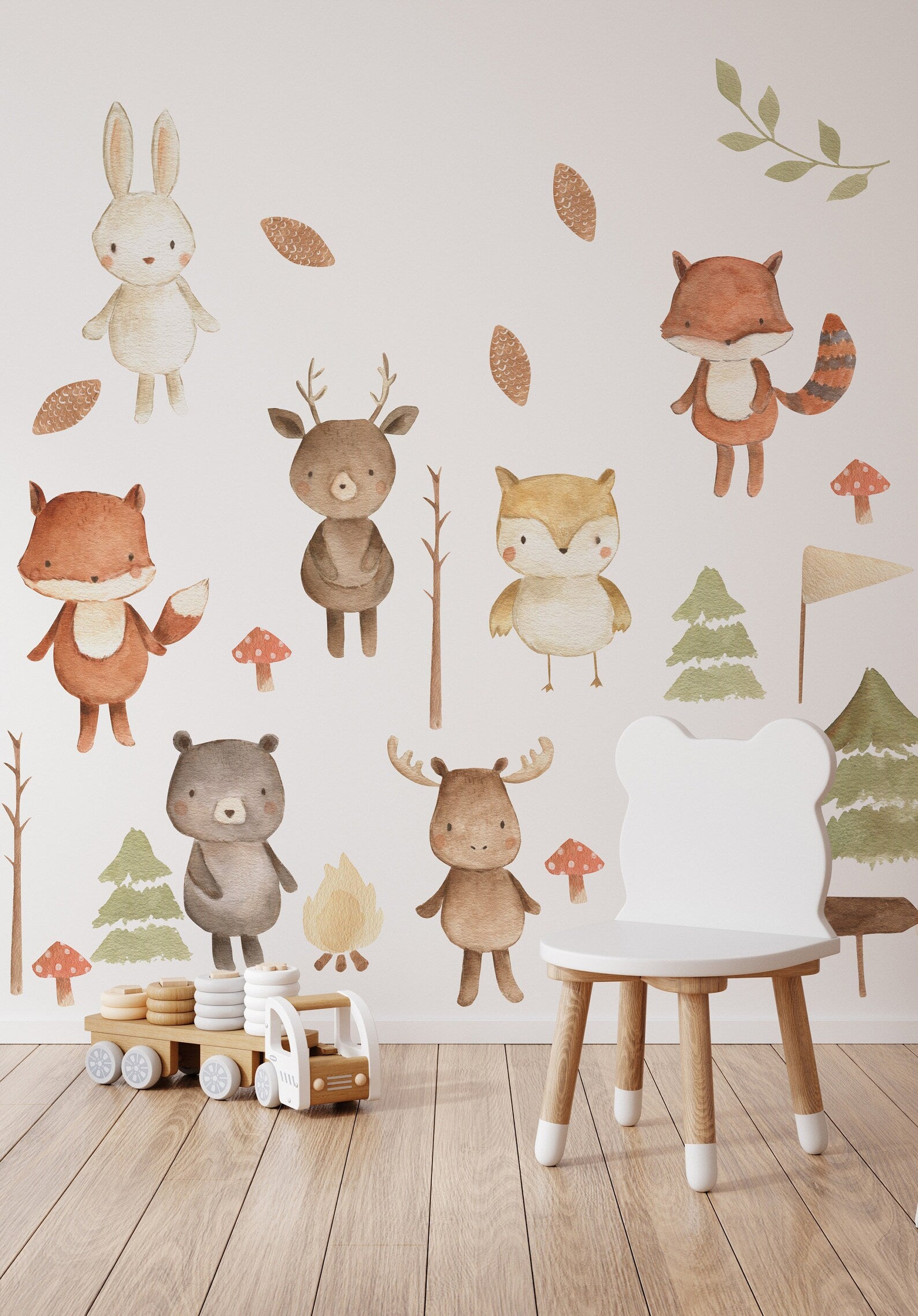 Forest Animals Nursery Wall Decal | Woodland Nursery Decal | Watercolor Bear, Deer, Owl, Fox, Rabbit Stickers | Peel and Stick Wall Decal