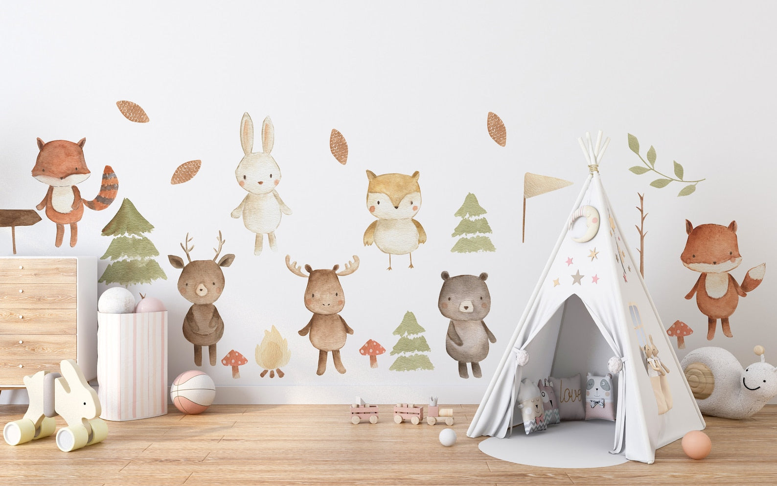 Forest Animals Nursery Wall Decal | Woodland Nursery Decal | Watercolor Bear, Deer, Owl, Fox, Rabbit Stickers | Peel and Stick Wall Decal