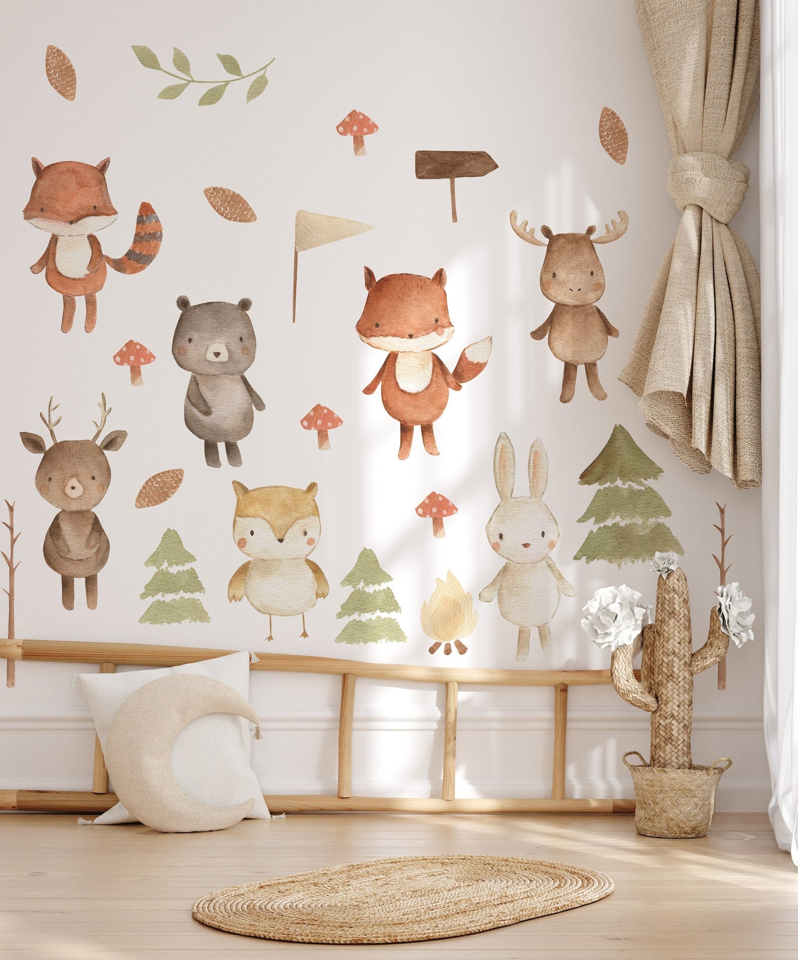 Forest Animals Nursery Wall Decal | Woodland Nursery Decal | Watercolor Bear, Deer, Owl, Fox, Rabbit Stickers | Peel and Stick Wall Decal