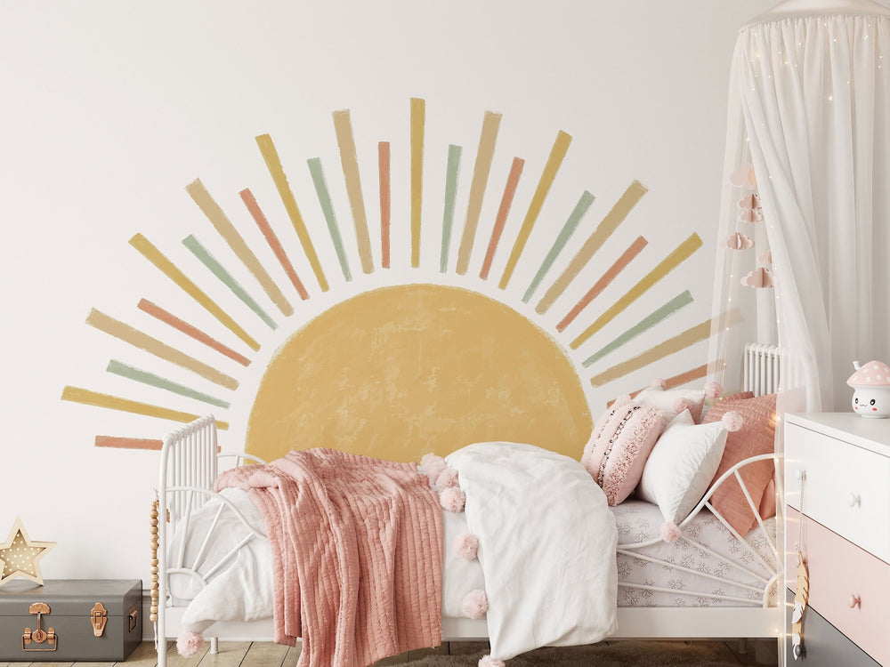 Large Boho Half Sun Watercolor Wall Decal | Nursery Decor | Kids Room Wall Art | Removable Fabric Wall Stickers | 5 sizes available