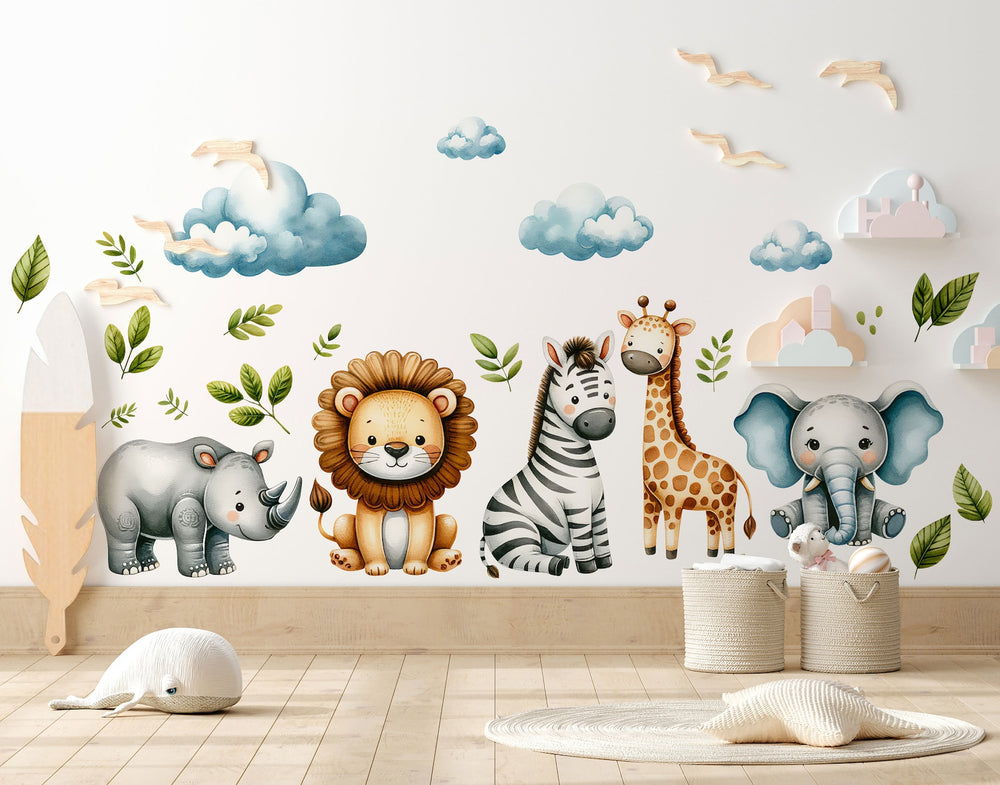 Safari Wall Stickers | Set for Kids | Safari Animals | Wall Decals | Africa Watercolor Decals Set | Nursery Peel and Stick Wall Decor