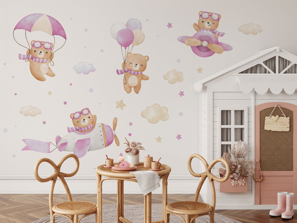 Flying Bears Wall Decals | Nursery Bear Wall Decal | Airplane Wall Decal | Boys Girls Room Decal | Blue and Pink Watercolor Bear Decal