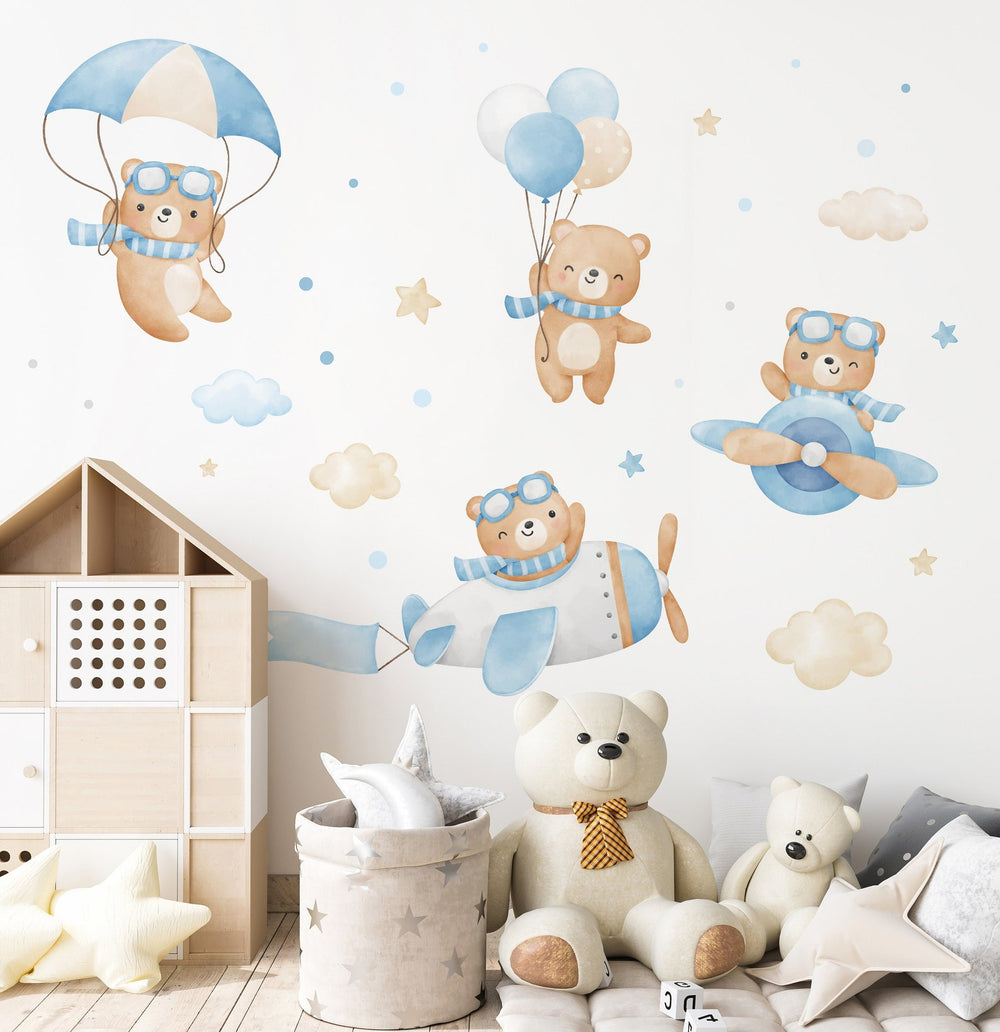 Flying Bears Wall Decals | Nursery Bear Wall Decal | Airplane Wall Decal | Boys Girls Room Decal | Blue and Pink Watercolor Bear Decal