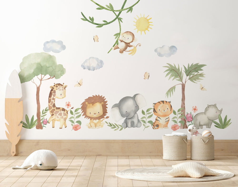 XL Safari Wall Sticker Set for Kids | Safari Animals | Wall Decal | Africa Watercolor Decal Set | Nursery Peel and Stick Nursery Wall Decor