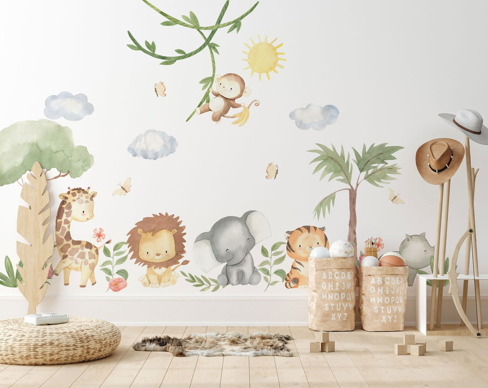 XL Safari Wall Sticker Set for Kids | Safari Animals | Wall Decal | Africa Watercolor Decal Set | Nursery Peel and Stick Nursery Wall Decor