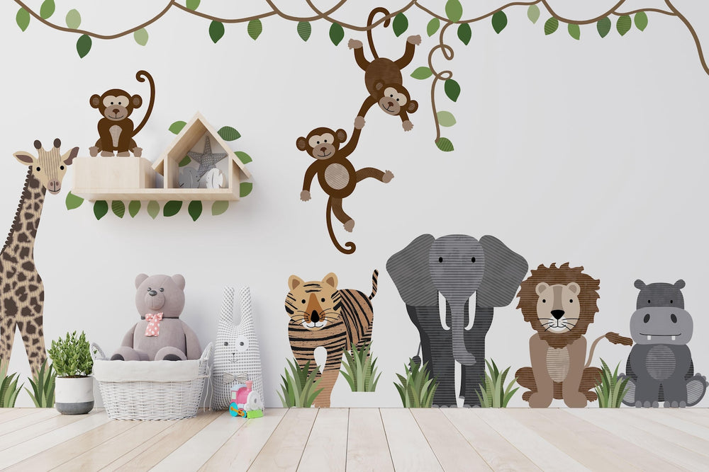 Large Safari Animals and Monkey Wall Decals | Jungle Animal Wall Stickers | Nursery Wall Decals | Repositionable Jungle Wall Decals