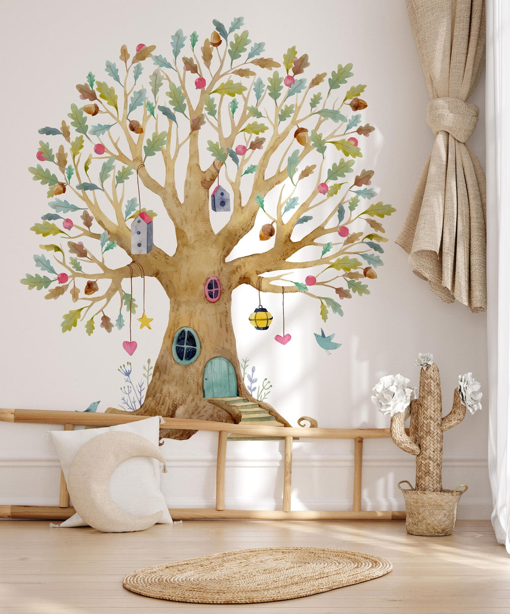 Fairy Tree House Wall Decal | Magical Wildflower Garden Floral and Fairy Wall Sticker | For a Girl's Nursery