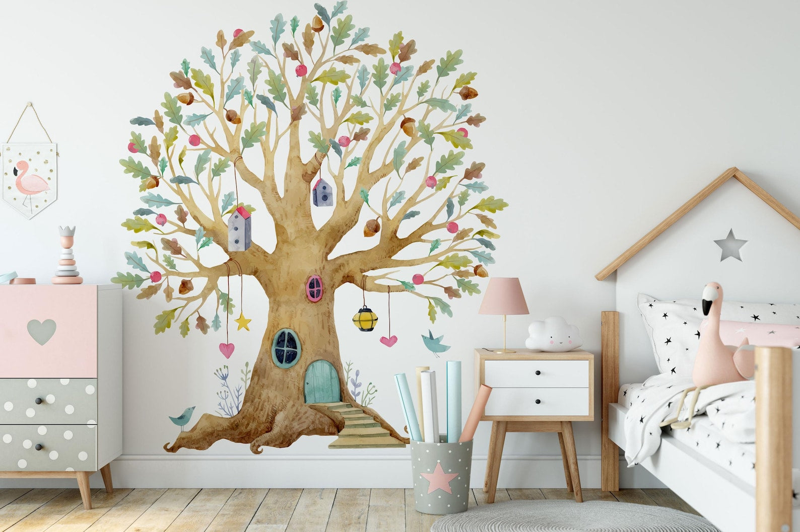 Fairy Tree House Wall Decal | Magical Wildflower Garden Floral and Fairy Wall Sticker | For a Girl's Nursery