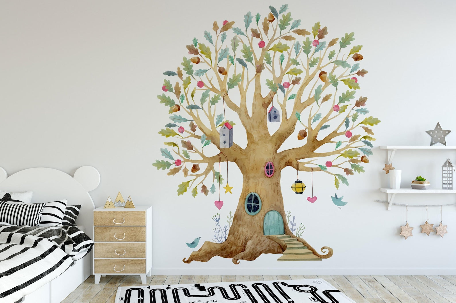 Fairy Tree House Wall Decal | Magical Wildflower Garden Floral and Fairy Wall Sticker | For a Girl's Nursery