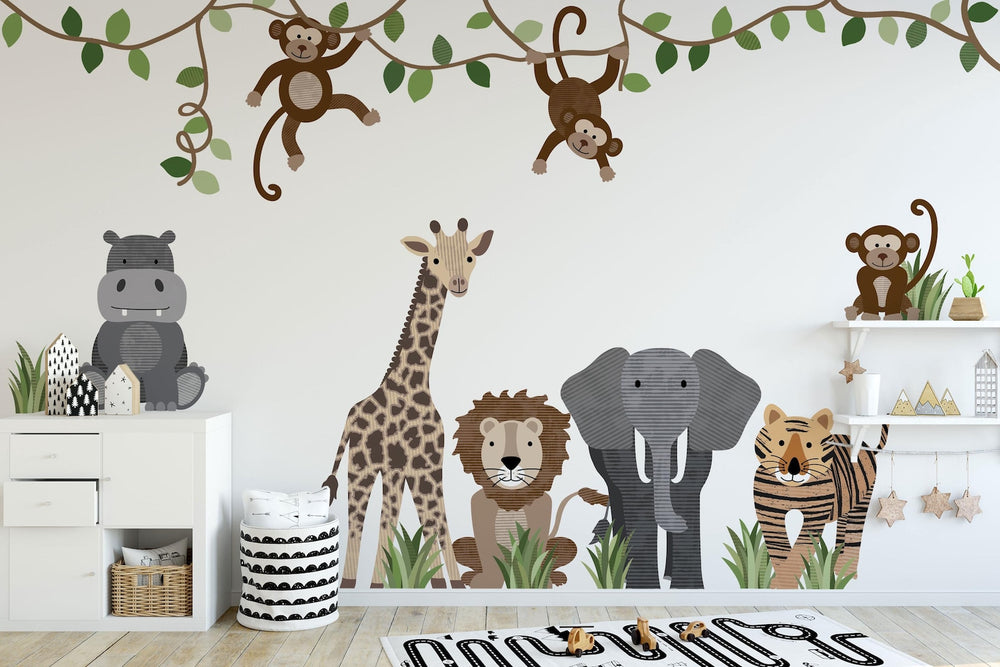 Large Safari Animals and Monkey Wall Decals | Jungle Animal Wall Stickers | Nursery Wall Decals | Repositionable Jungle Wall Decals