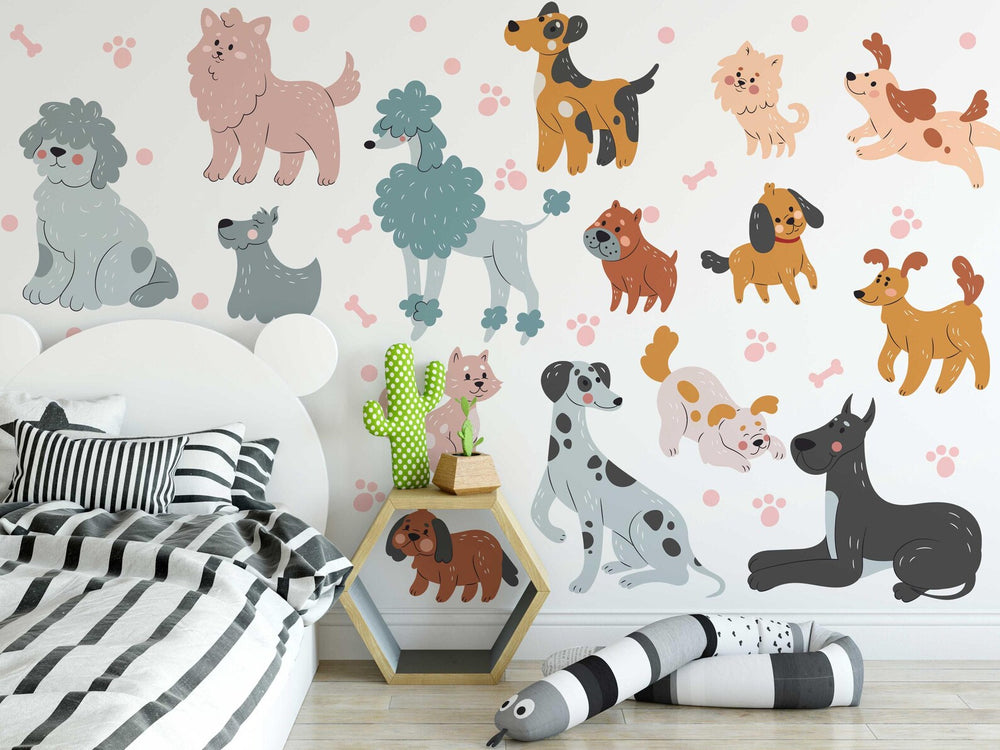 Cute Dog Wall Decals Set for Kids Room Nursery | Self-Adhesive Peel & Stick Dog Stickers