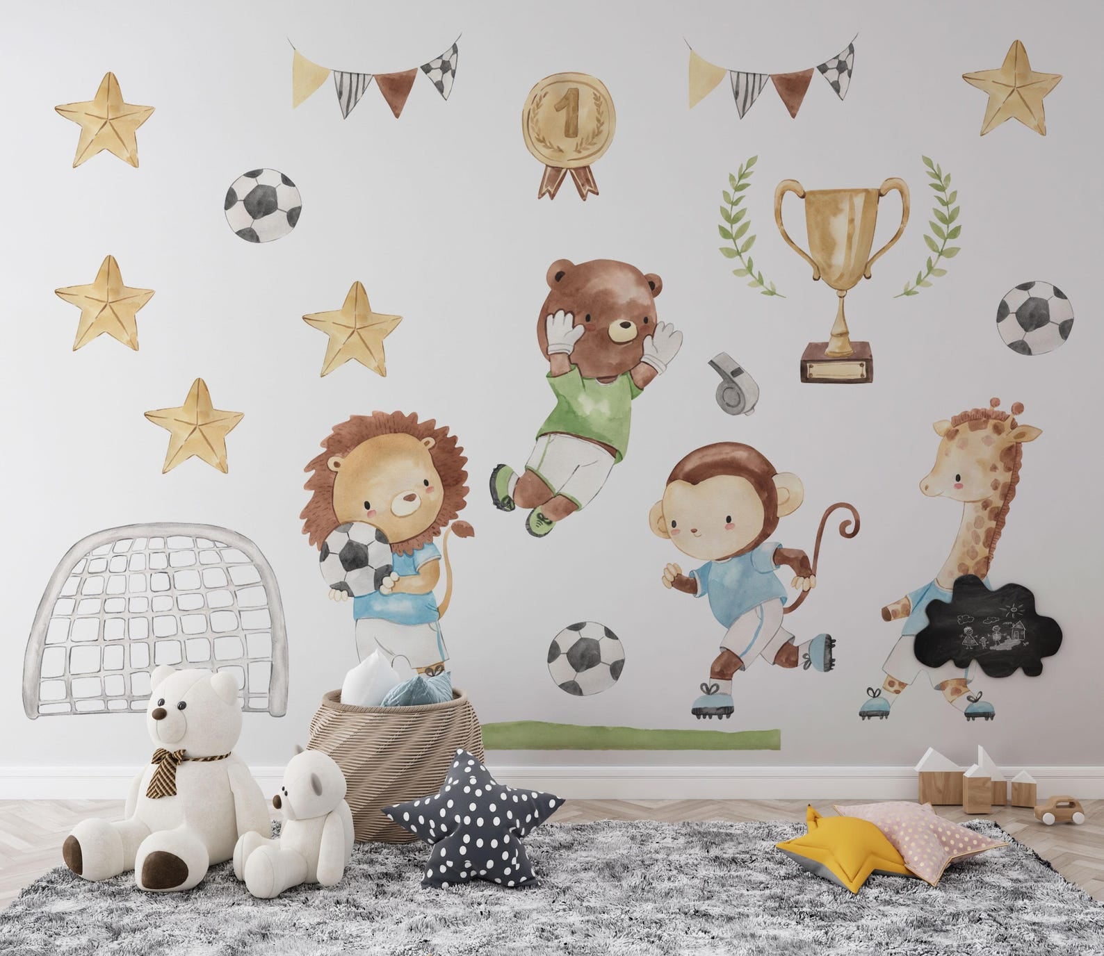 Watercolor Football Animals Nursery Wall Decals | Bear, Monkey, Giraffe, Lion Playing Soccer | Kids Room Decor | Peel and Stick Wall Art