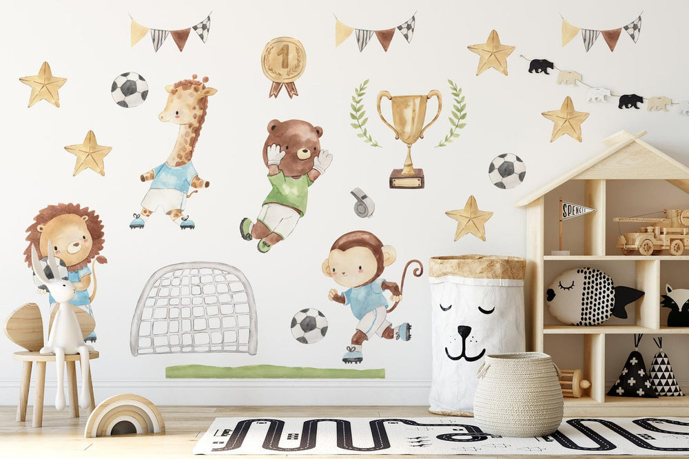 Watercolor Football Animals Nursery Wall Decals | Bear, Monkey, Giraffe, Lion Playing Soccer | Kids Room Decor | Peel and Stick Wall Art