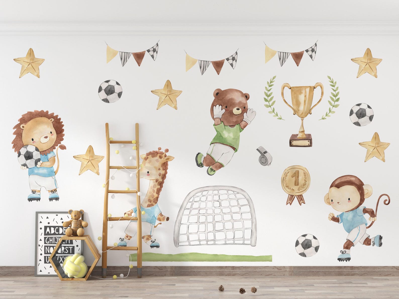 Watercolor Football Animals Nursery Wall Decals | Bear, Monkey, Giraffe, Lion Playing Soccer | Kids Room Decor | Peel and Stick Wall Art