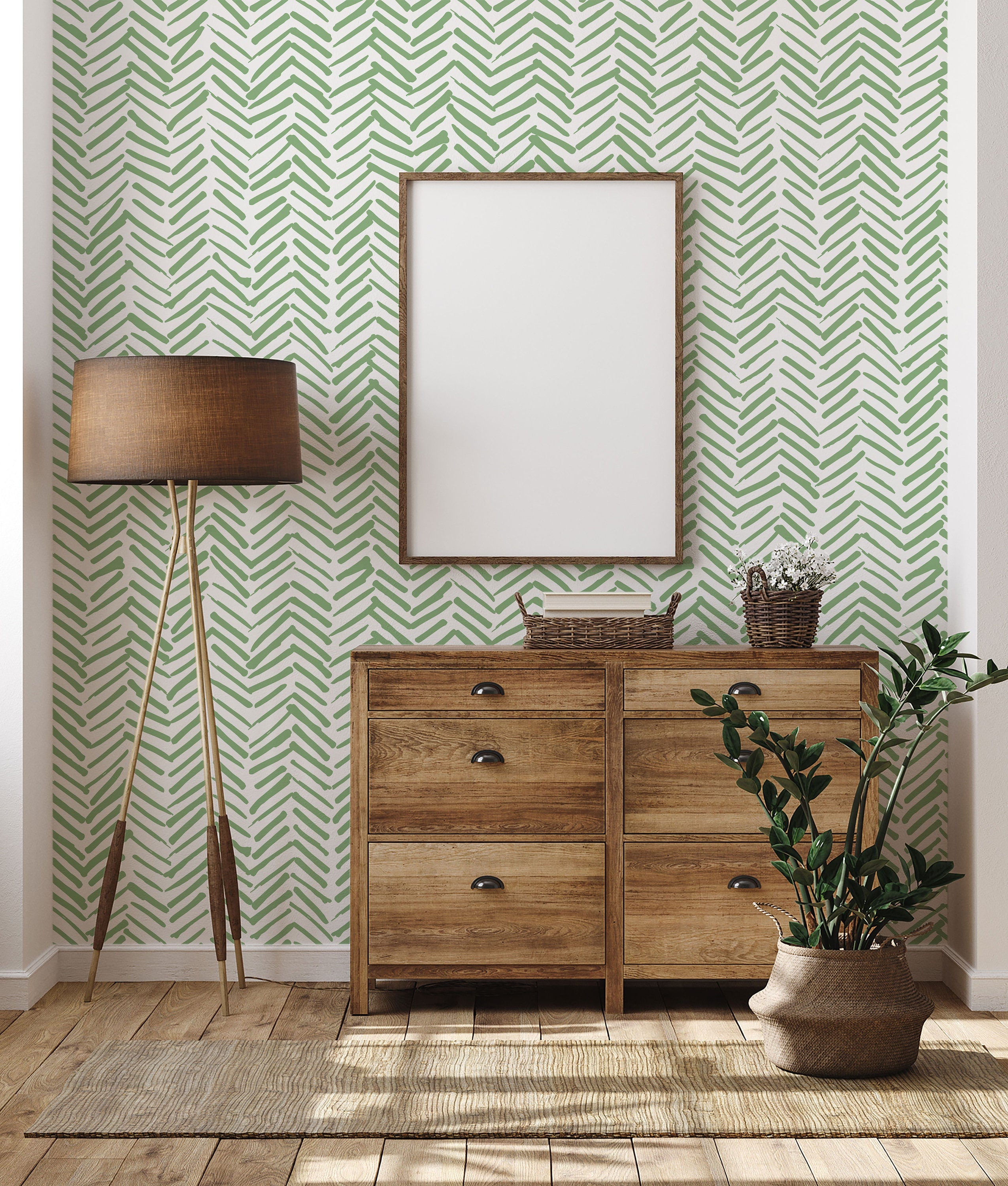 Green Chevron Wallpaper Peel and Stick | Self Adhesive Herringbone Wall Paper | Geometric Removable Wall Decor | Minimalistic Boho Tribal