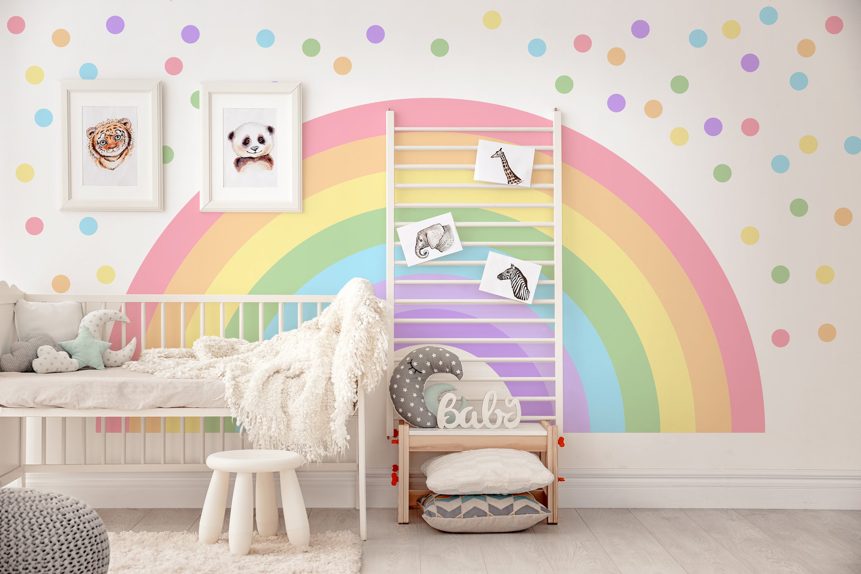 Large Rainbow Decal for Girl Bedroom, Gift Polka Dots Wall Stickers Kids, Pastel Rainbow Vinyl Sticker Playroom, Rainbow Nursery Decoration