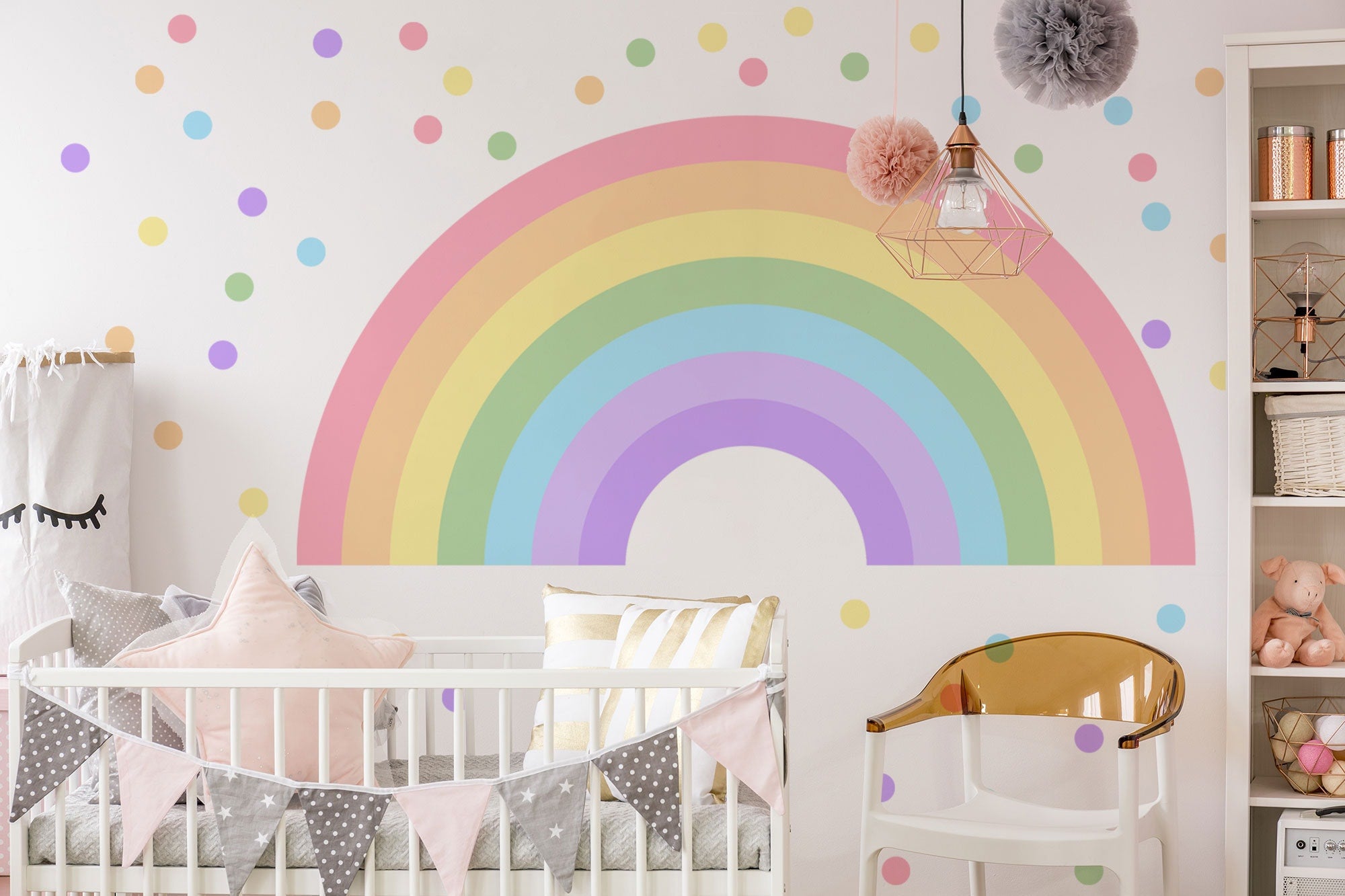 Large Rainbow Decal for Girl Bedroom, Gift Polka Dots Wall Stickers Kids, Pastel Rainbow Vinyl Sticker Playroom, Rainbow Nursery Decoration