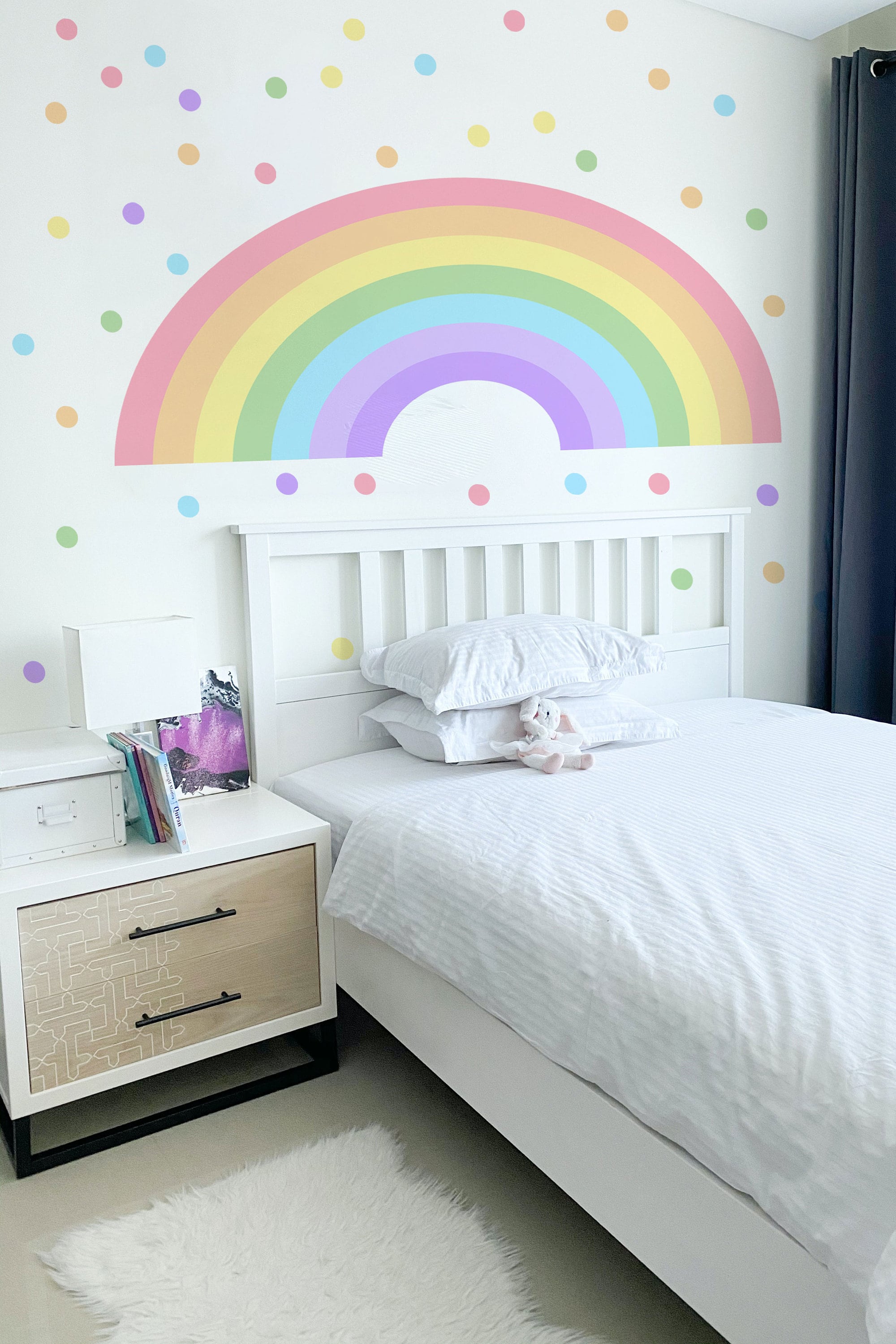 Large Rainbow Decal for Girl Bedroom, Gift Polka Dots Wall Stickers Kids, Pastel Rainbow Vinyl Sticker Playroom, Rainbow Nursery Decoration