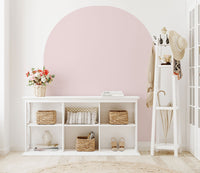 Boho Arch Wall Decal in pink behind shelves