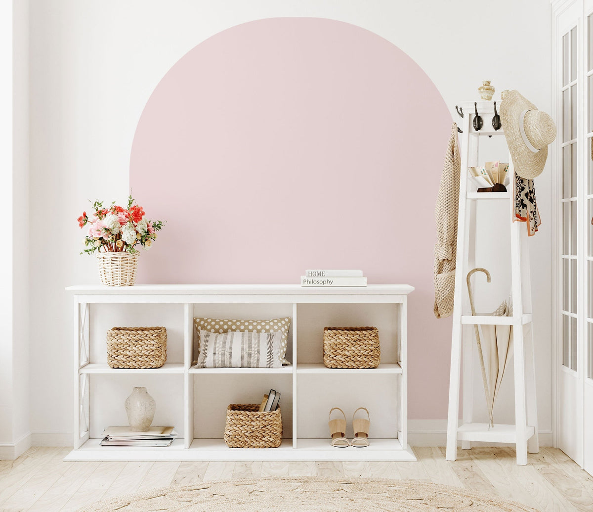 Boho Arch Wall Decal in pink behind shelves
