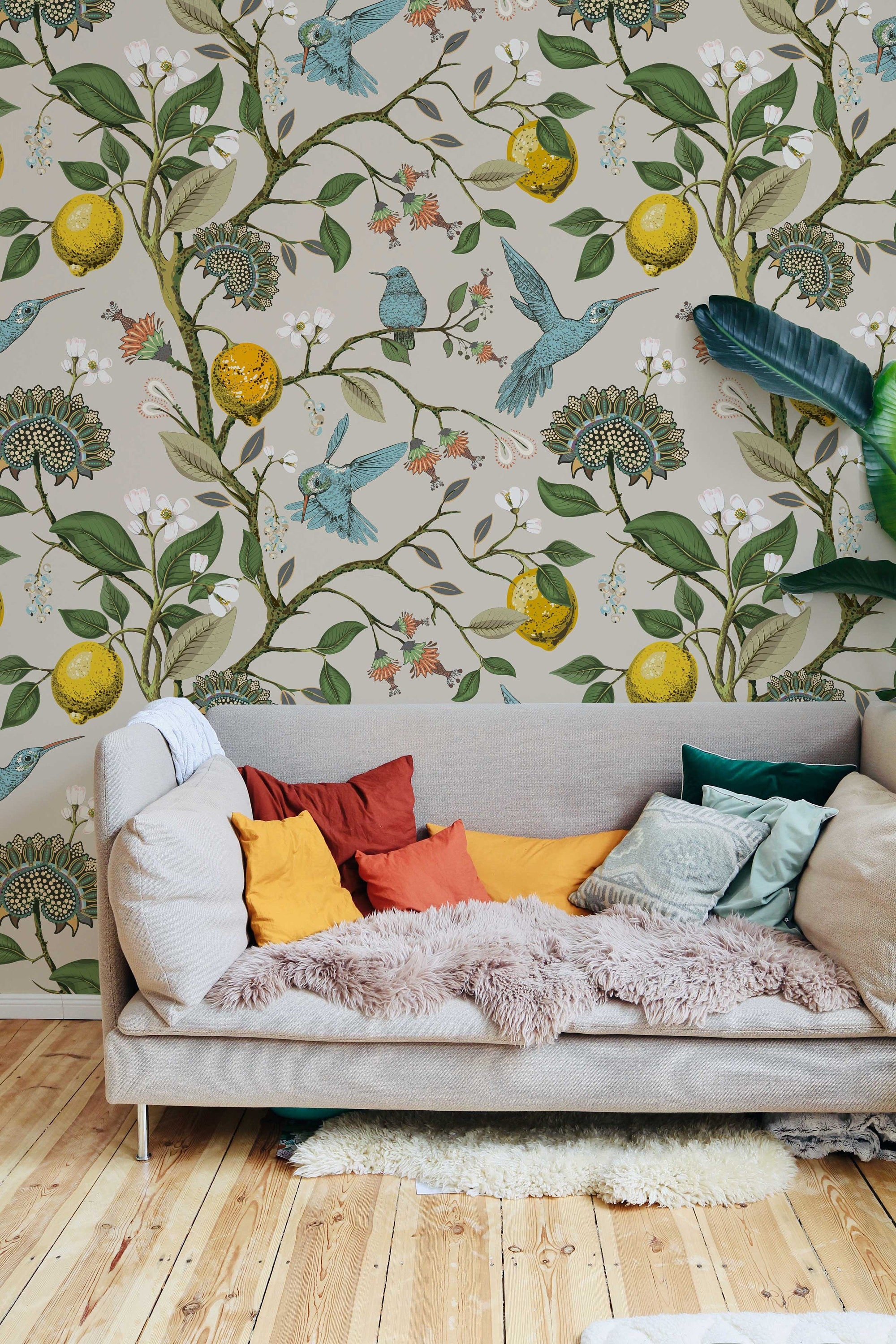 Lemon Grove Hummingbirds Peel and Stick Wallpaper - Removable Self-Adhesive for Nursery or Kitchen - Clickwalls