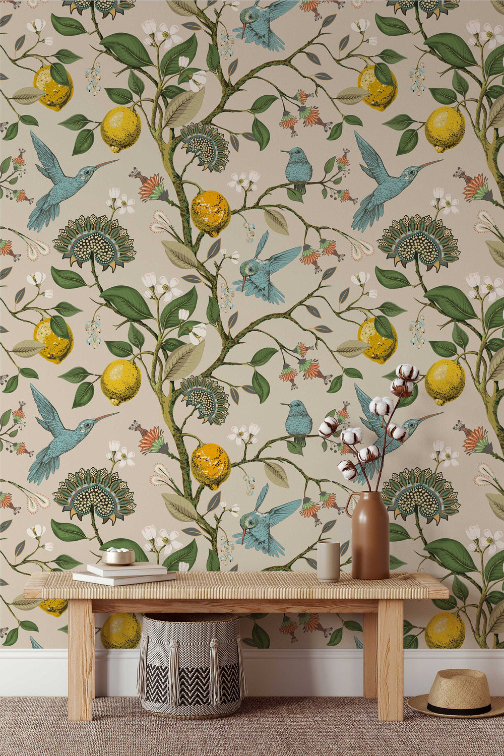 Lemon Grove Hummingbirds Peel and Stick Wallpaper - Removable Self-Adhesive for Nursery or Kitchen - Clickwalls