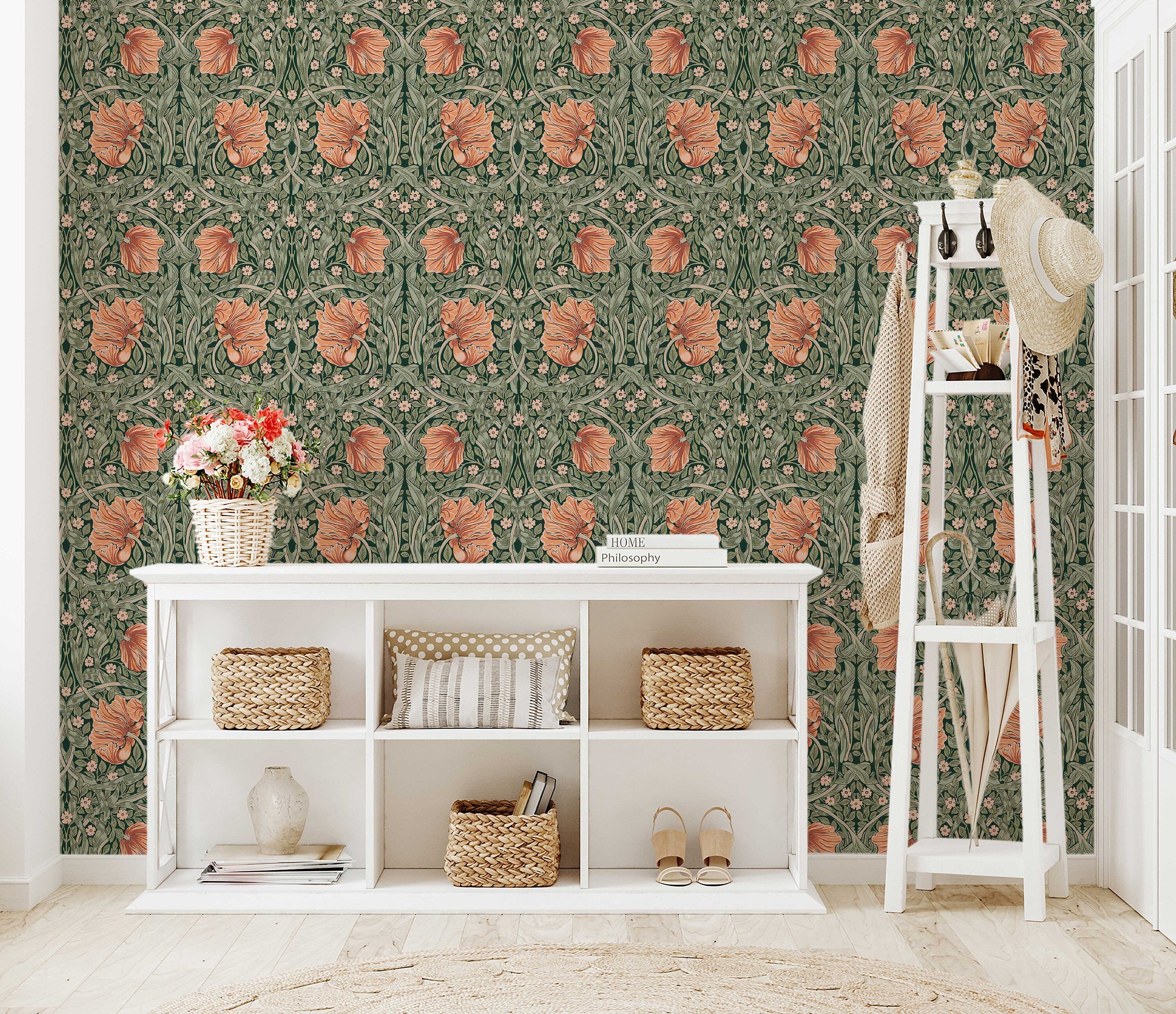 William Morris Pimpernel Pattern Peel and Stick Wallpaper Self-Adhesive Removable Wallcovering Fabric & Light Canvas Texture Wall Murals