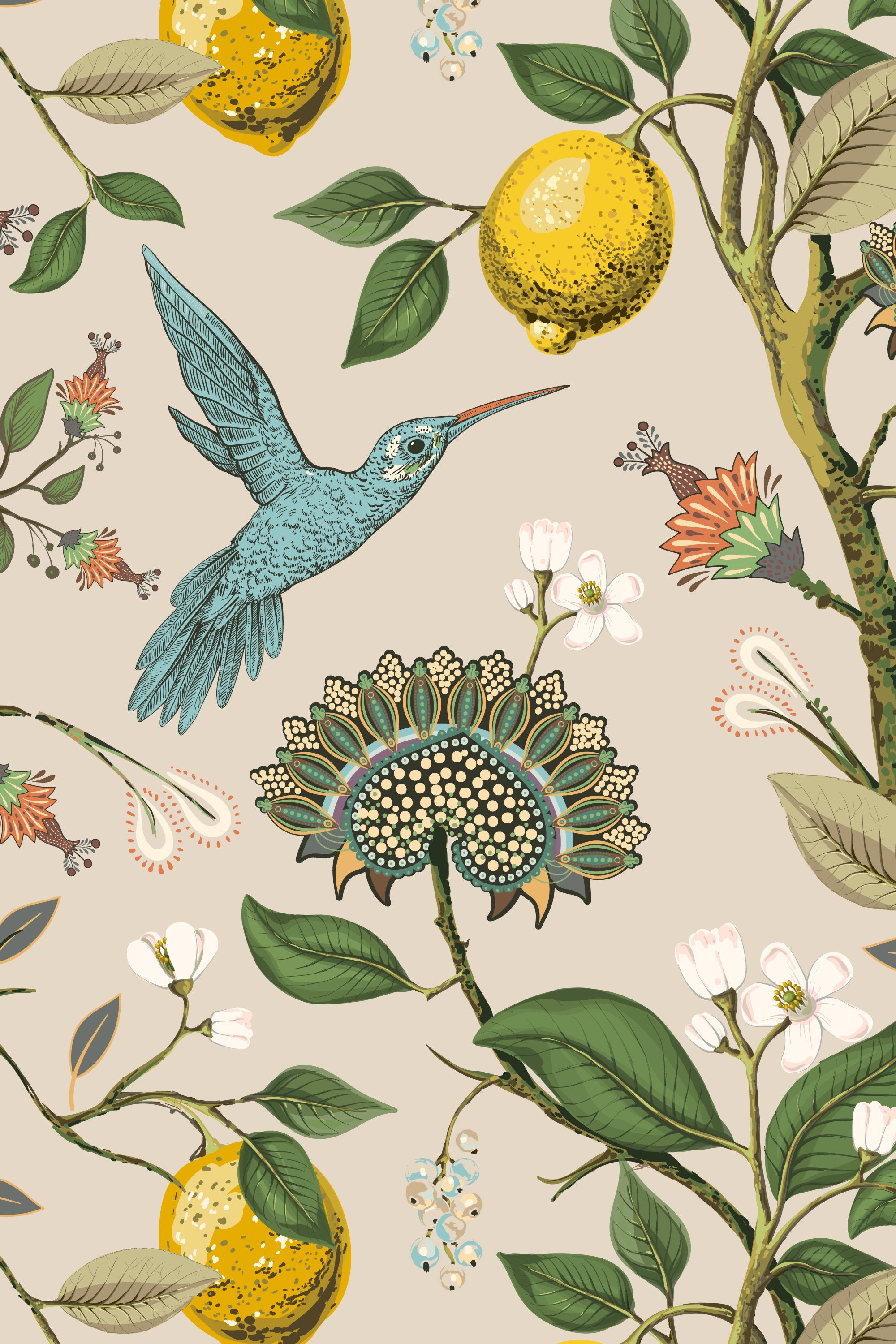 Lemon Grove Hummingbirds Peel and Stick Wallpaper - Removable Self-Adhesive for Nursery or Kitchen - Clickwalls